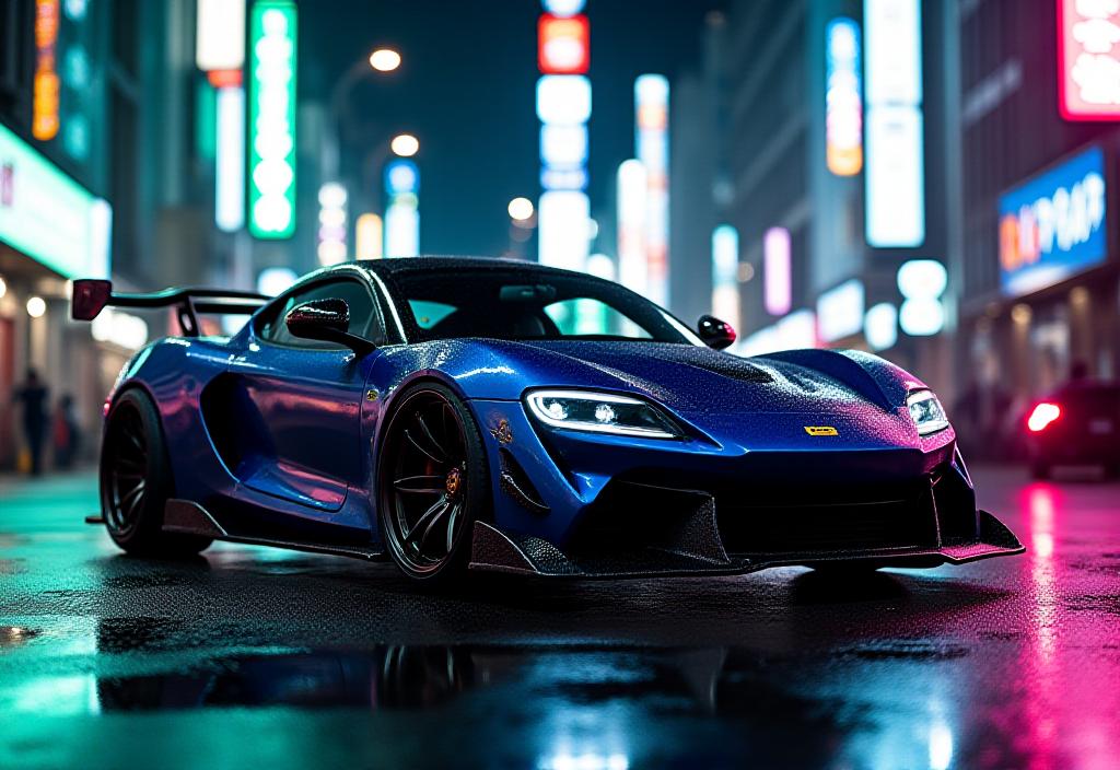 Emerald Velocityによってチューニングされたカスタムスポーツカーが、ネオンに照らされた東京の夜の通りに駐車しています