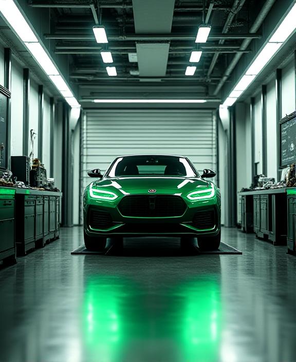 整然としたモダンなEmerald Velocityのワークショップ、リフトには車が乗っています